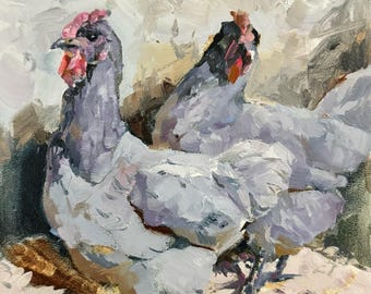 Chicken Painting Farm Bird Oil Original Art 6x6