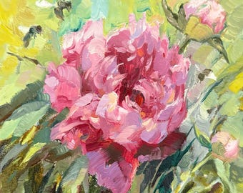 Pink Peony Original Oil Painting Floral Still Life
