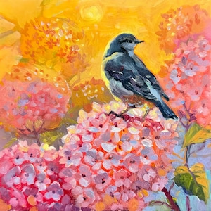 Hydrangea Painting Original Small Oil Painting Flower Bird Painting Hydrangea Decor Hydrangea Gift