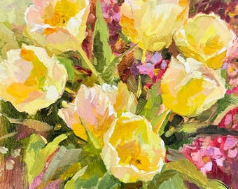 Yellow Tulip Oil Painting Original Small Floral Still Life Artwork 6x6