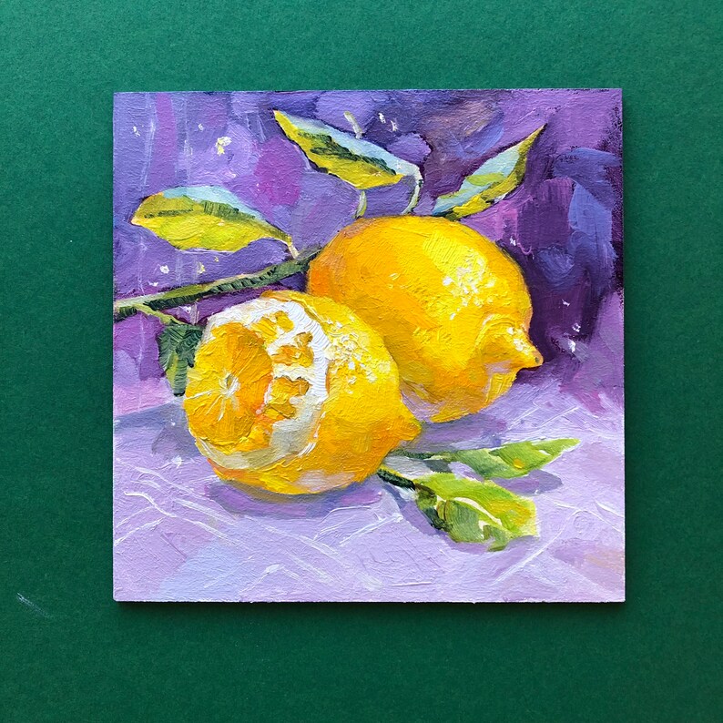 May include: Two yellow lemons with green leaves on a purple background. The lemons are painted in a realistic style with visible brushstrokes.