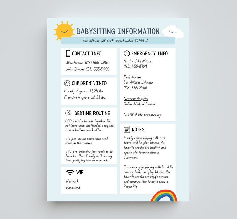Babysitter Information Sheet Printable BUNDLE | Child Information Sheet ...
