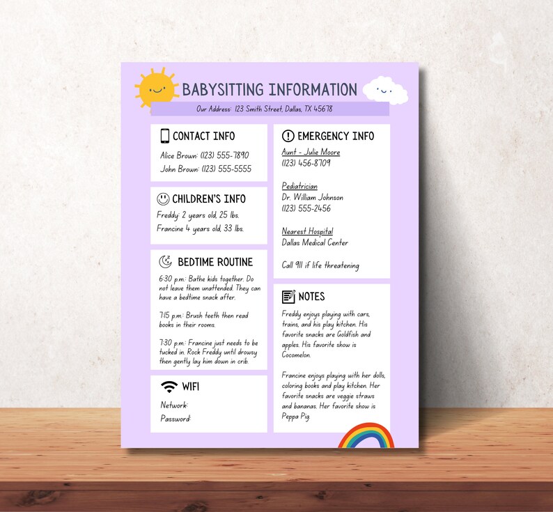Babysitter Information Sheet Printable BUNDLE | Child Information Sheet ...