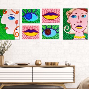 Original fröhliches Wand Kunst Set - Handgemachte Acryl Malerei - Buntes Einzigartiges Geschenk - Weibliches Porträt