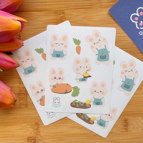 Kawaii bunny life sticker sheet, paper, cute happy, carrot vegetable | for daily journals, scrapbooking and decoration