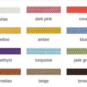May include: A color chart showing 18 different colors of 100% natural silk thread. The colors are: white, dark pink, coral, red, garnet, yellow, amber, blue, dark blue, lilac, amethyst, turquoise, jade green, green, black, cornelian, beige, brown, and grey.