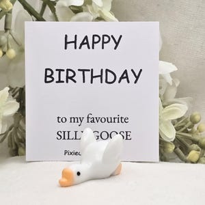 May include: A white ceramic goose figurine with an orange beak and feet, lying down in front of a white card. The card reads "HAPPY BIRTHDAY to my favourite SILLY GOOSE".