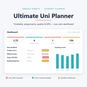 Ultimate University Planner Google Sheets GPA Calculator Assignment Tracker Class Timetable Student Study College Spreadsheet Template