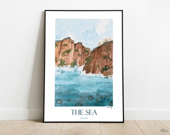 Watercolor sea and cliff, poster, watercolor print, A4, A5, A6, illustration, decoration, gift, free delivery
