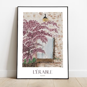 Aquarel Japanse esdoorn en deur, poster, poster, aquarelprint, A3, A4, A5, illustratie, decoratie, cadeau, gratis levering