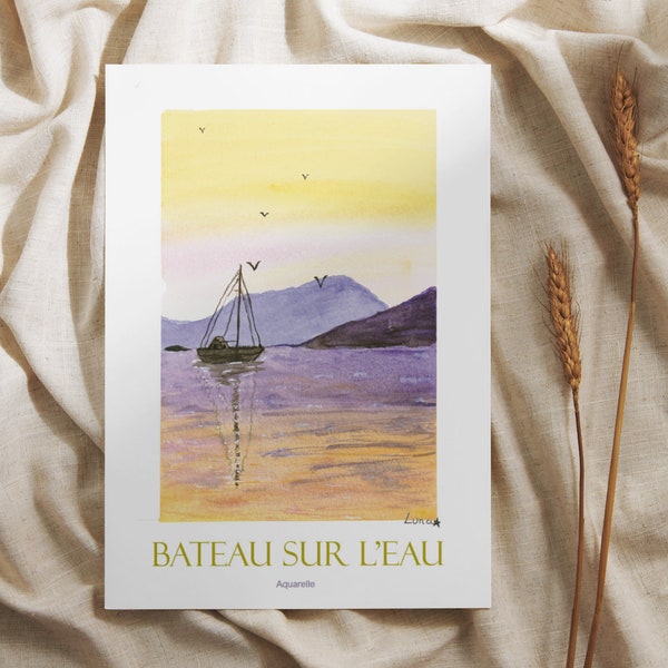 Aquarelle bateau sur l'eau paisible, affiche, poster, aquarelle imprimée, A4, A5, A6 illustration, décoration, cadeau, livraison gratuite