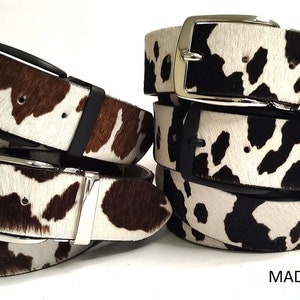 Genuine leather spotted belt with ponyskin finish in gift box, can be shortened with a ratchet, unisex gift idea in ecopack packaging