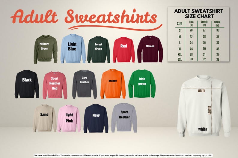 The image is an adult sweatshirt size chart, displaying various colored sweatshirts with their corresponding sizes and measurements.