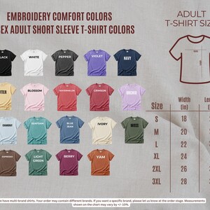 a collection of t-shirt colors and sizes, including adult short sleeve t-shirts in various styles and designs.