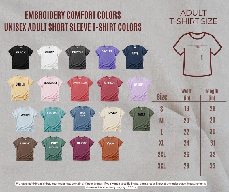 a collection of t-shirt colors and sizes, including adult short sleeve t-shirts in various styles and designs.