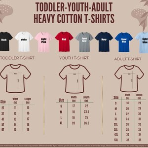 a collection of heavy cotton t-shirts in various sizes, including toddler, youth, and adult sizes, along with their corresponding measurements.