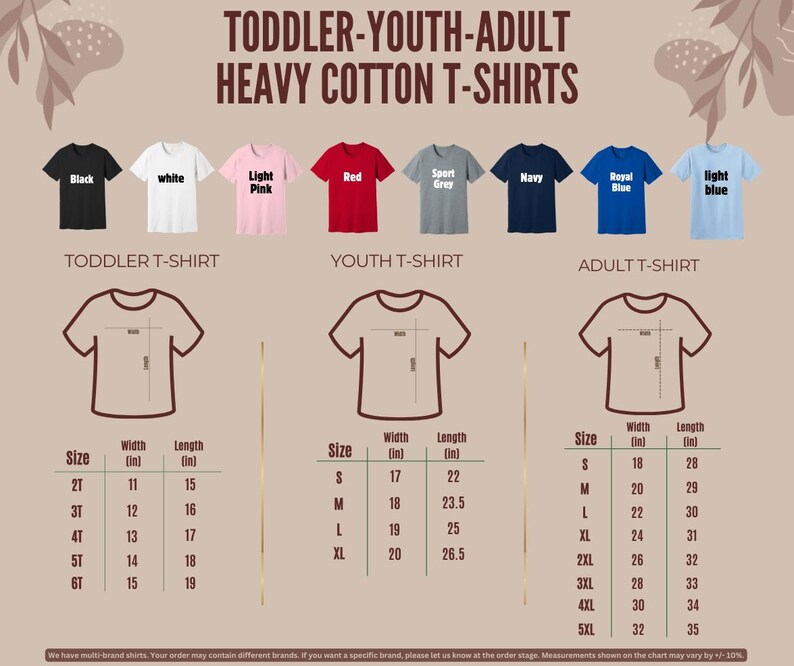 a collection of heavy cotton t-shirts in various sizes, including toddler, youth, and adult sizes, along with their corresponding measurements.