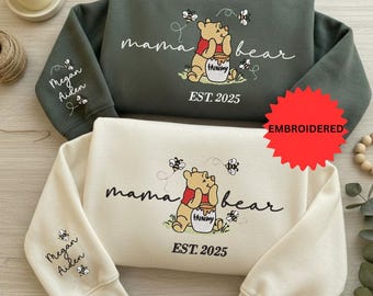 Pooh Mama Embroidered Sweatshirt With Kids Name On Sleeve, Unique Mothers Day Gift, Custom Disney Mom Outfit