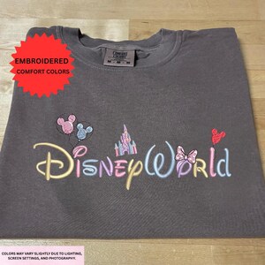 a gray t-shirt with the Disney World logo embroidered on it.
