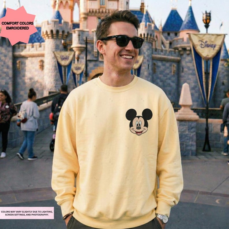 Mickey Embroidered Sweatshirt, Disney Embroidery Comfort Colors Sweatshirt, Disneyland Sweater, Custom Disney Family Vacation Crewneck, Retro Mickey Mouse Embroidery