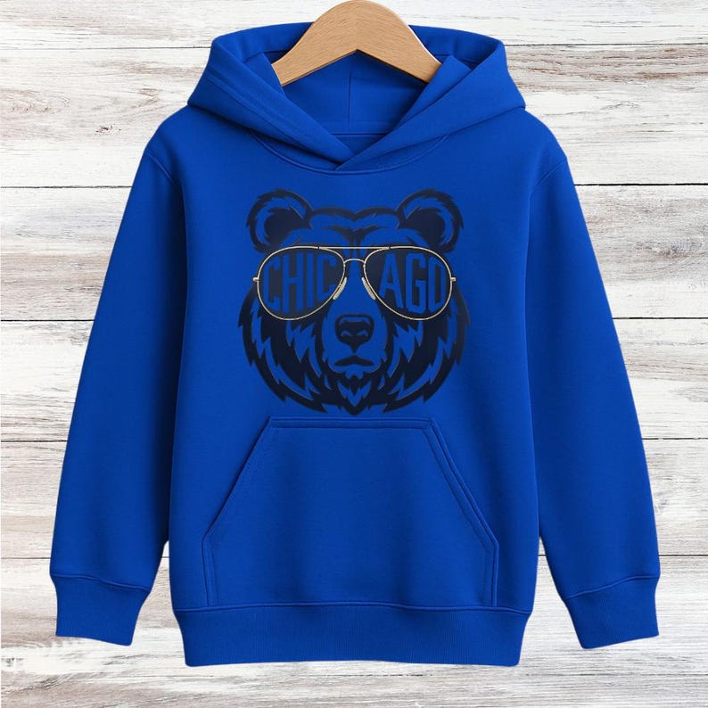 A blue hoodie with a graphic of a bear wearing sunglasses and the text "CHICAGO" printed on it.