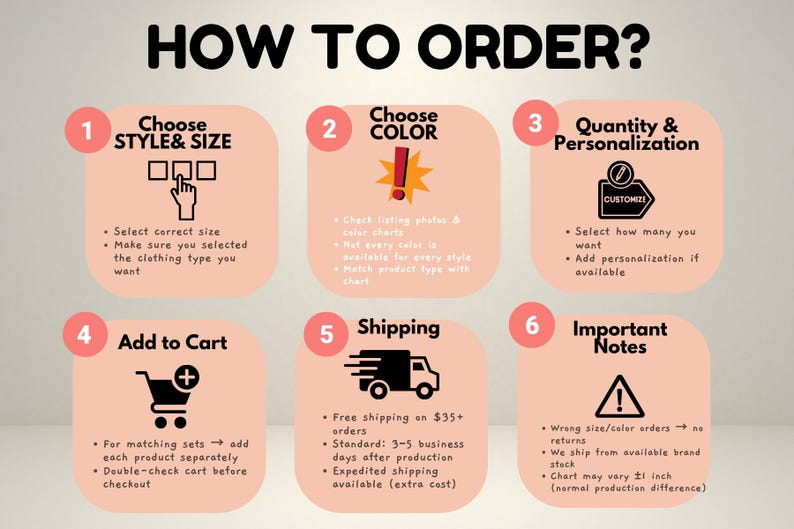 The image is a step-by-step guide on how to order clothing, with six numbered steps that provide instructions on how to choose the right size, color, quantity, and personalization options.