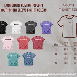 a collection of youth short sleeve t-shirt colors and sizes, along with a chart that provides the corresponding measurements.