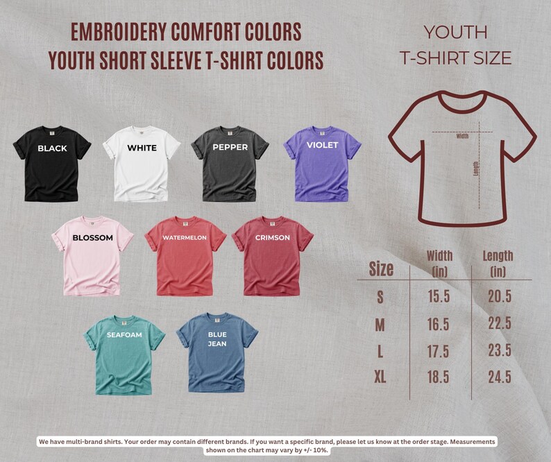 a collection of youth short sleeve t-shirt colors and sizes, along with a chart that provides the corresponding measurements.
