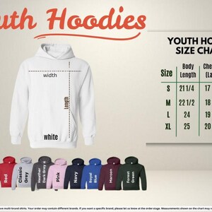 The image is a youth hoodie size chart, which includes a white hoodie with measurements and a variety of different colored hoodies.