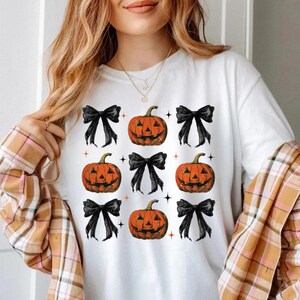 Coquette Pumpkin Bow Halloween Shirt, Spooky Sweatshirt, Pumpkin Bow Halloween TShirt For Women, Trendy Spooky Girly Fall Tee