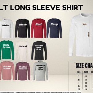 a collection of adult long sleeve shirts in various colors and sizes, along with a size chart that provides the corresponding measurements.