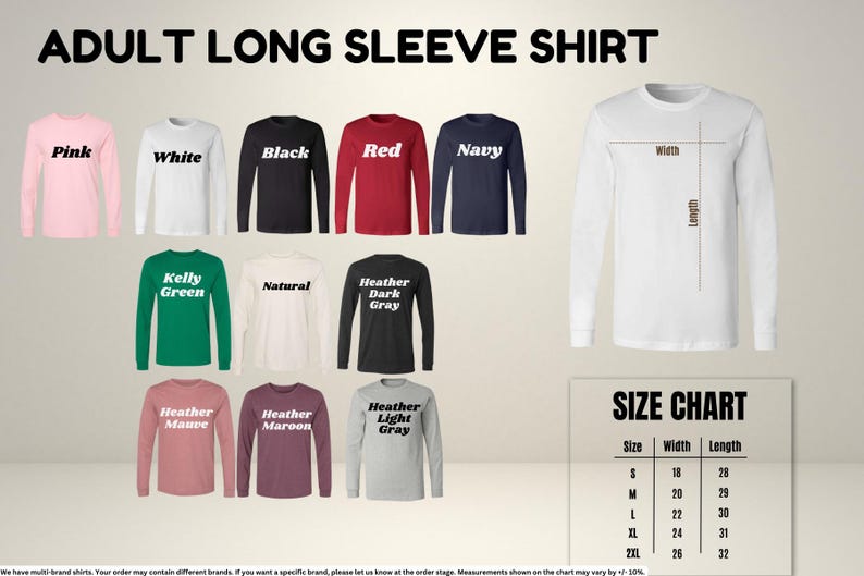a collection of adult long sleeve shirts in various colors and sizes, along with a size chart that provides the corresponding measurements.
