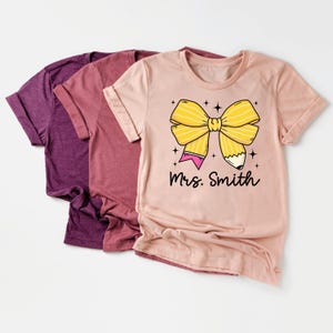 Personalized Teacher T-Shirt, Retro Teacher Coquette Pencil Bow Tee, First Day of School Shirt, Custom Teacher Gift, Back To School Shirt