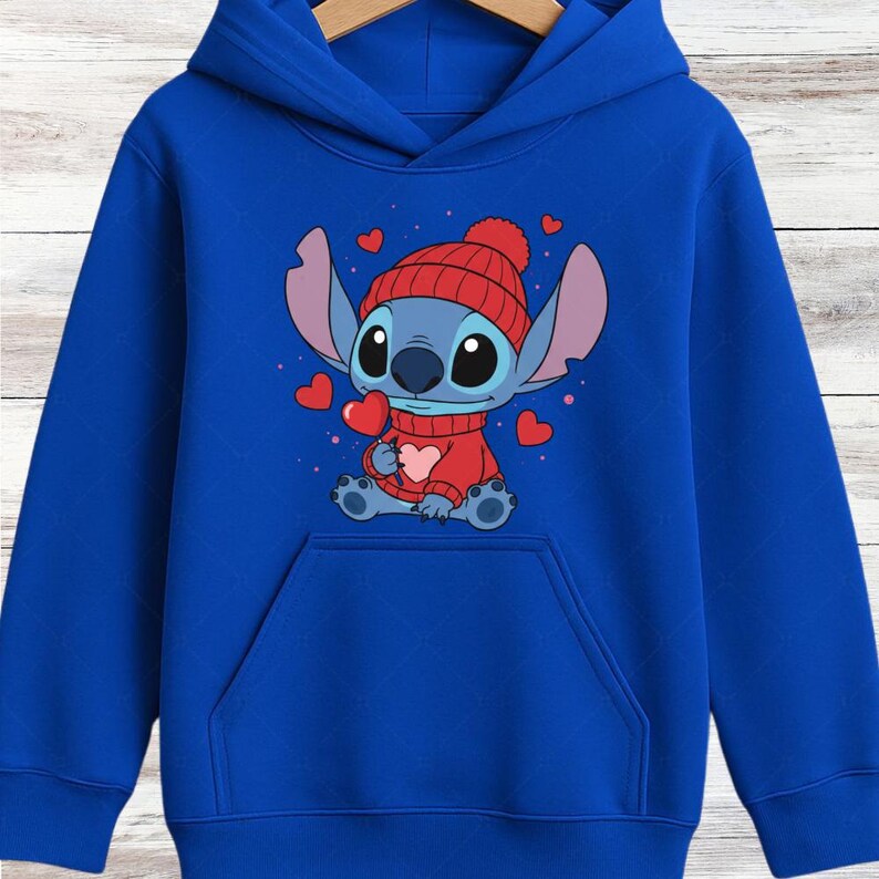 A blue hoodie with a cartoon image of a blue-skinned character wearing a red hat and holding a heart.