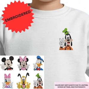 The image is a collage of various Disney character illustrations, including Minnie Mouse, Donald Duck, Goofy, Mickey Mouse, and Pluto.