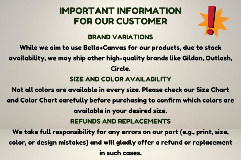 important information for customers regarding brand variations and product availability. It provides details on how to confirm the availability of colors in different sizes and mentions that the customer is responsible for any errors on their part.