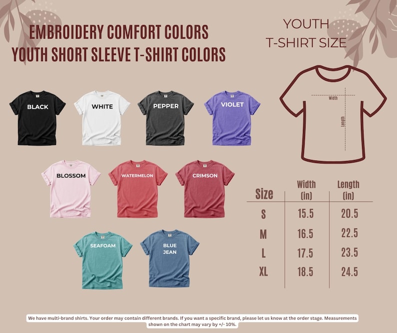 a collection of youth t-shirt colors and sizes, along with a chart that provides the corresponding measurements.