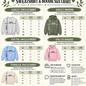 The image is a size chart for different types of sweatshirts and hoodies, providing measurements and corresponding sizes for each type.