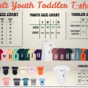 The image is a detailed chart and display of adult youth toddler t-shirts, including size charts for different age groups and a variety of t-shirt designs.