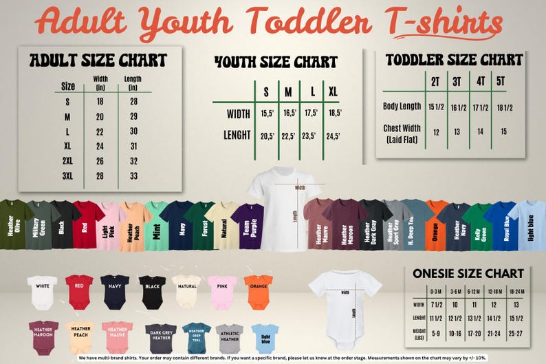 The image is a detailed chart and display of adult youth toddler t-shirts, including size charts for different age groups and a variety of t-shirt designs.