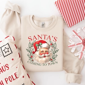 Santa&#39;s Coming To Town Shirt, Santa&#39;s Coming To Town Sweatshirt, Santa&#39;s Coming Sweater, Family Matching Christmas Shirts, Retro Santa Tee