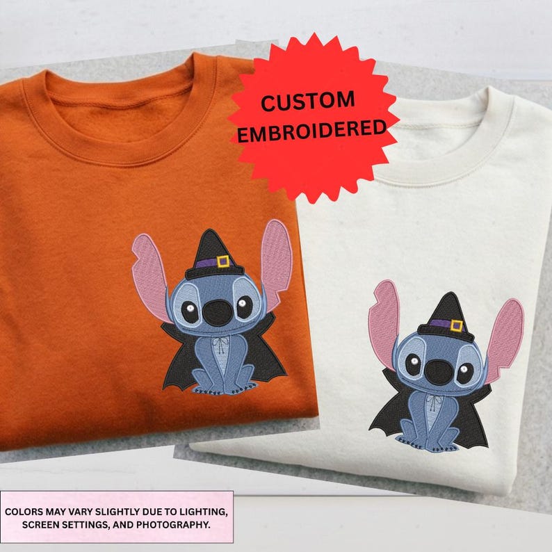 two t-shirts with a character design, one orange and one white, both with a witch-like motif.