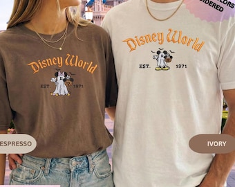 Embroidered Mickey Minnie Halloween Comfort Colors Shirt, Disney Couple Ghost Embroidery Tee, Spooky Season Disneyland Matching Shirt