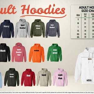 a collection of adult hoodies in various colors and sizes, along with a size chart for selecting the appropriate size.