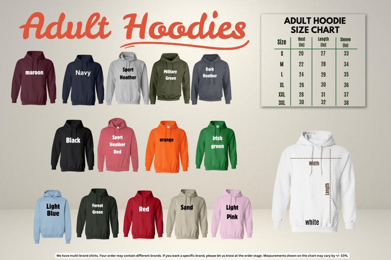a collection of adult hoodies in various colors and sizes, along with a size chart for selecting the appropriate size.
