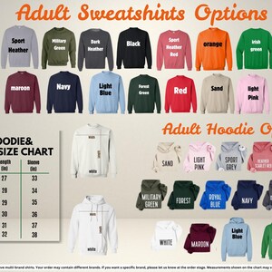 a collection of adult sweatshirts and hoodies in various colors and sizes, along with a chart that provides size information for each item.