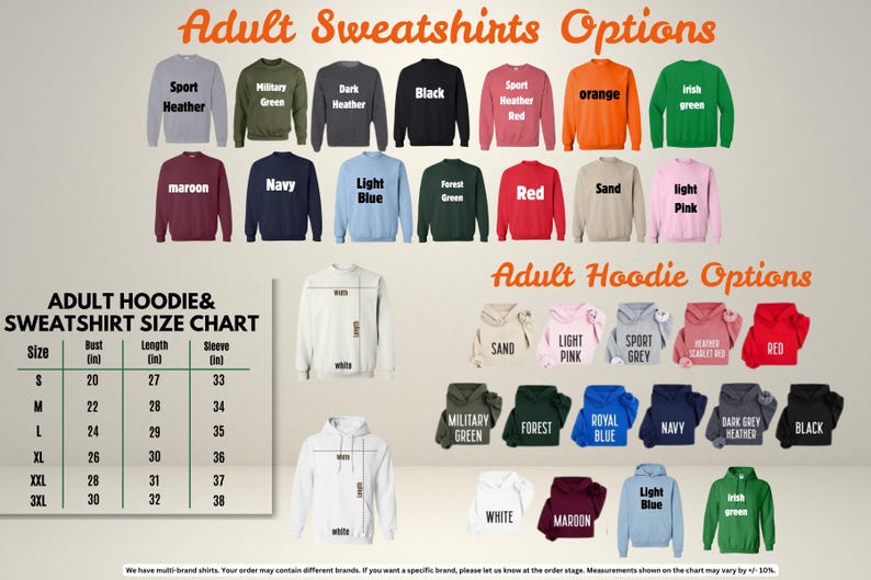 a collection of adult sweatshirts and hoodies in various colors and sizes, along with a chart that provides size information for each item.