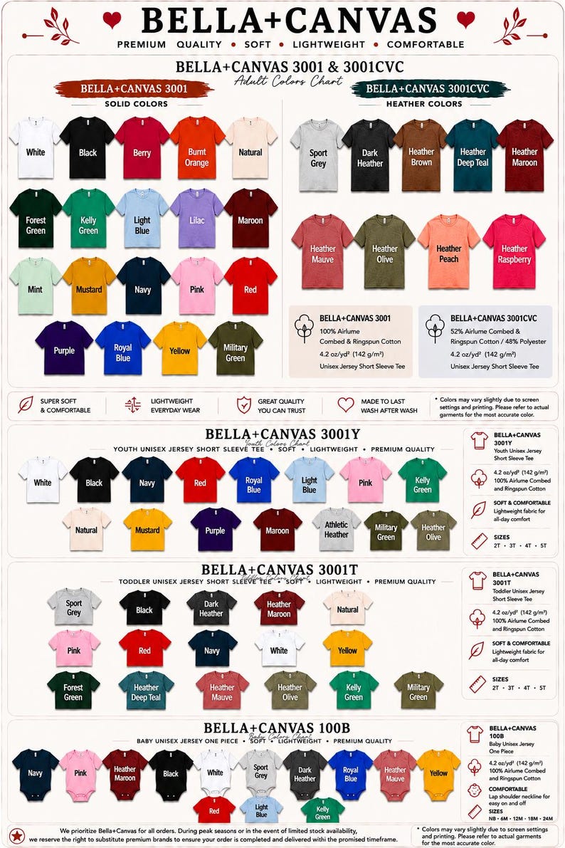 The image is a color swatch guide for various t-shirt colors, including solid colors, youth colors, and different shades of the same color. It provides a visual representation of the available color options for t-shirt designs.