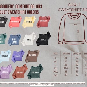 The image is a collage of various adult sweatshirt colors and sizes, along with a diagram of a sweatshirt and measurements for each color.