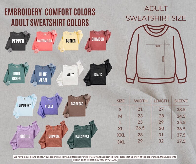 The image is a collage of various adult sweatshirt colors and sizes, along with a diagram of a sweatshirt and measurements for each color.